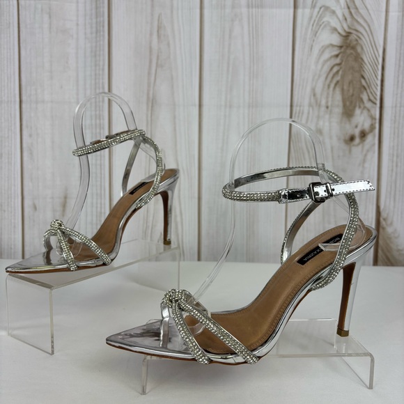 BCBGMaxAzria Shoes - BCBGMaxazria Leather Heels Rhinestone Strappy Stiletto Elegant Pumps Silver Sz 9